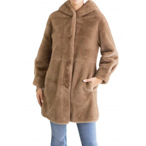 Pelliccia tinta unita con cappuccio con bottoni